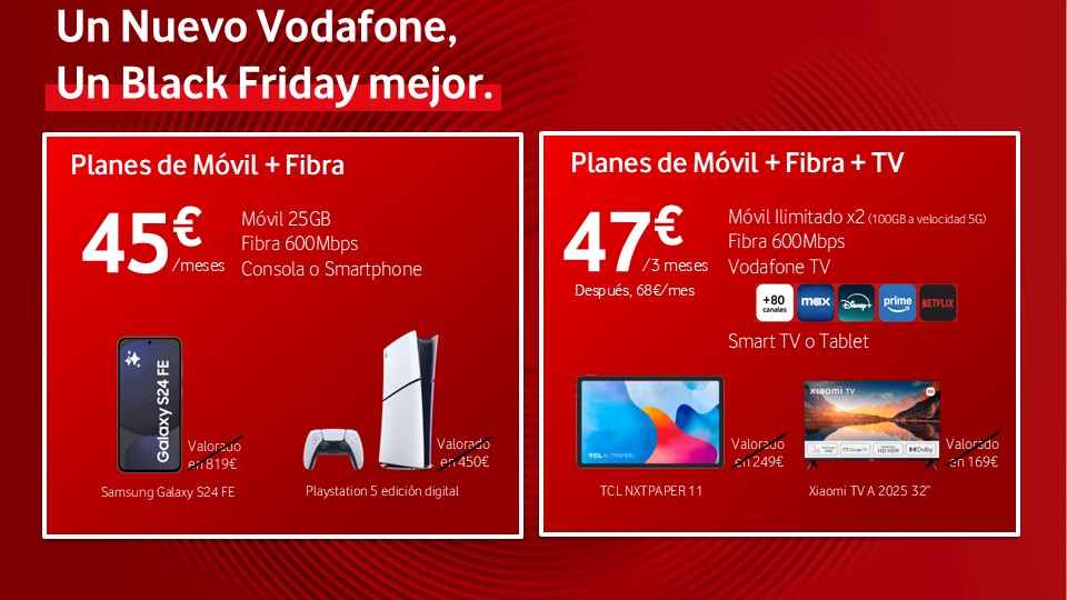 <strong>Vodafone </strong>revoluciona el Black Friday con sus planes de Fibra y Móvil junto con la última tecnología