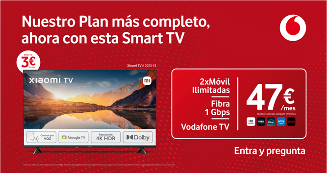 <strong>Los planes de fibra y móvil con líneas ilimitadas de Vodafone incluyen una Xiaomi TV 2025 43" por 3€/mes</strong><br/><br/><br/>